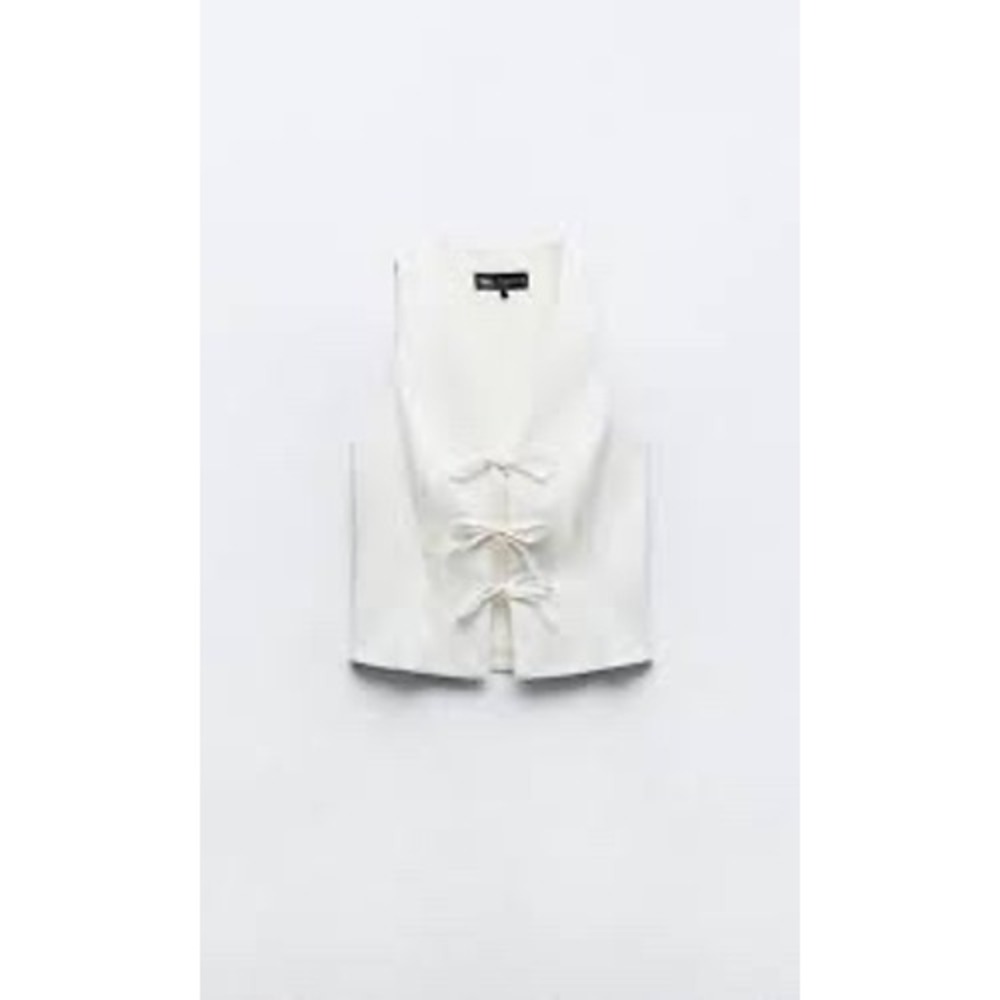Zara Bow Tie Front Vest Women XL White NWT‎ Sleeveless V-Neck Minimalist Top